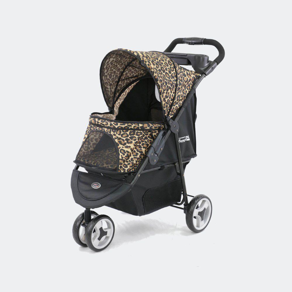 poussette pour chien innopet allure cheetah imprimé léopard, vue de trois quarts avant