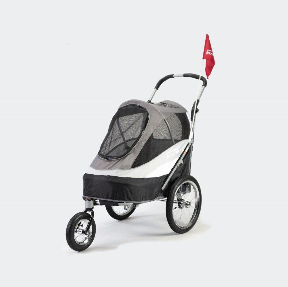poussette et remorque vélo pour chien innopet sporty dog trailer deluxe noir gris, vue de trois quarts avant
