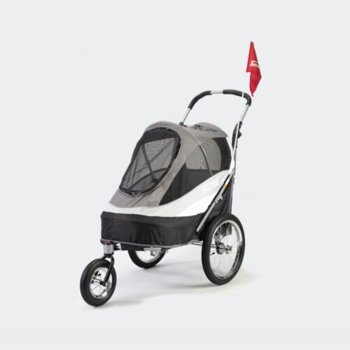 poussette et remorque vélo pour chien innopet sporty dog trailer deluxe noir gris, vue de trois quarts avant