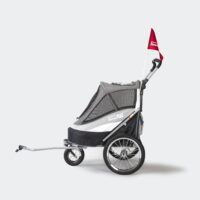poussette et remorque vélo pour chien innopet sporty dog trailer deluxe noir gris, côté avec barre de vélo