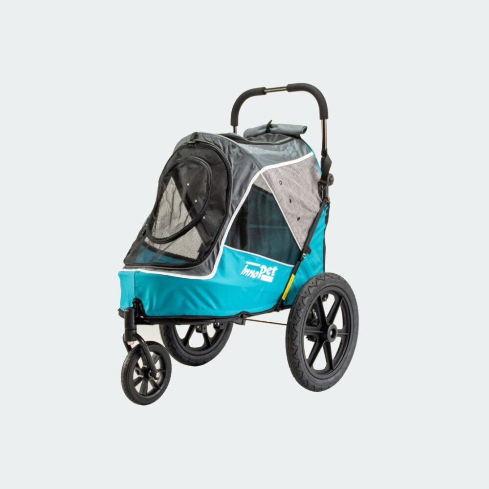 poussette et remorque vélo pour chien innopet sporty evolution ocean blue, vue de trois quarts avant