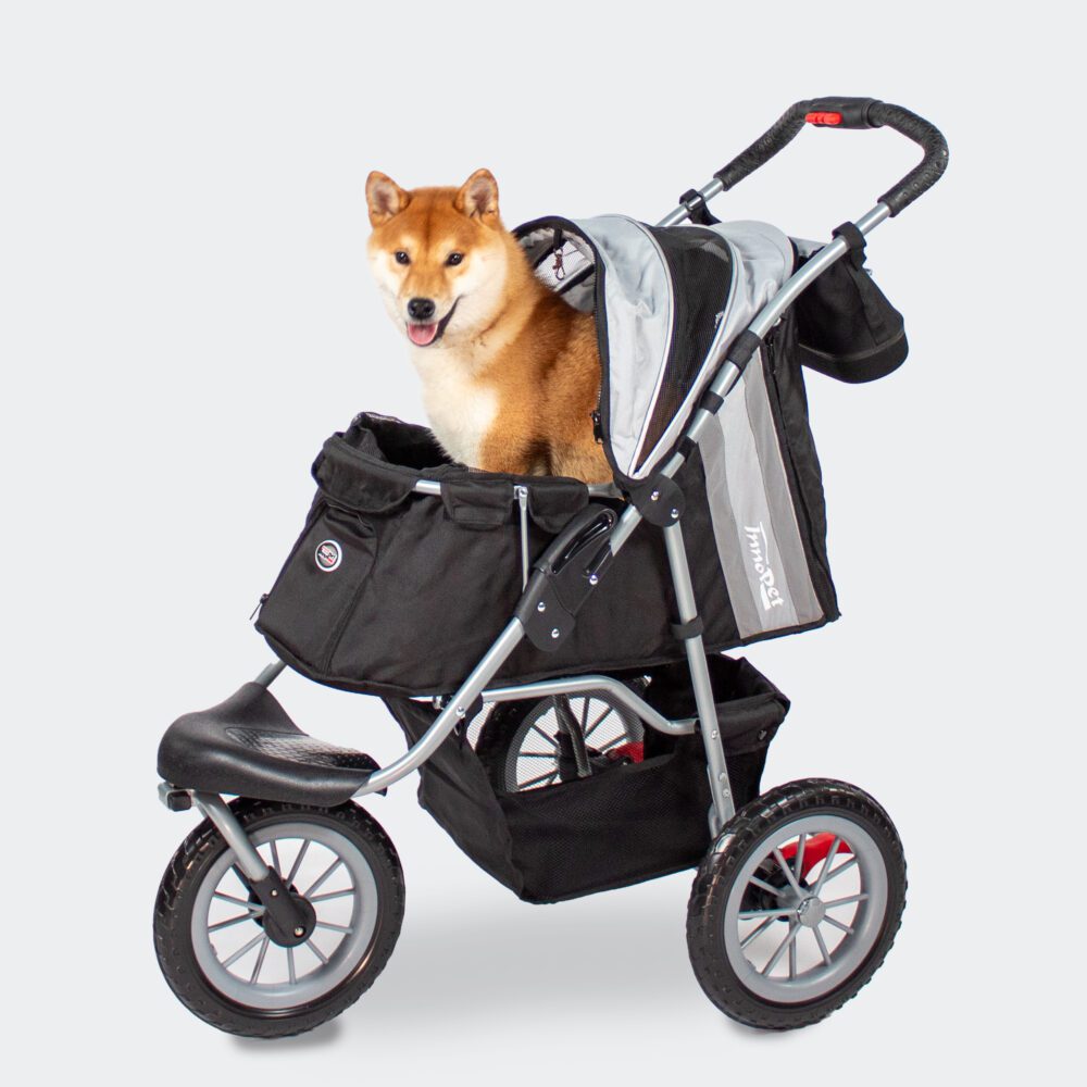 Poussette pour chien InnoPet Comfort EFA noire avec un chien shiba